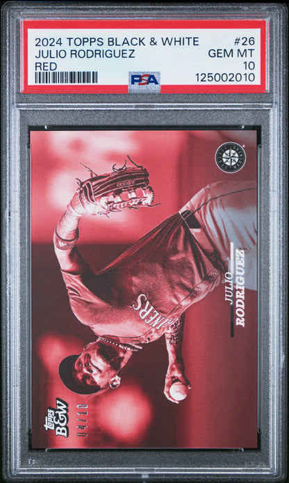 Julio Rodriguez Mariners 2024 Topps Black & White Red #26 Card /10 PSA 10