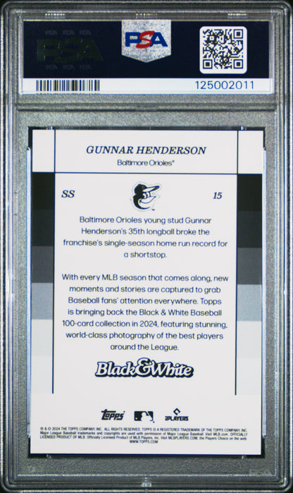 Gunnar Henderson Orioles 2024 Topps Black & White Green #15 Card /99 PSA 10
