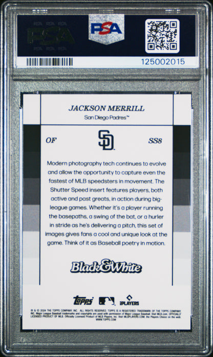 Jackson Merrill Padres 2024 Topps Black & White Shutter Speed Rookie Card PSA 10