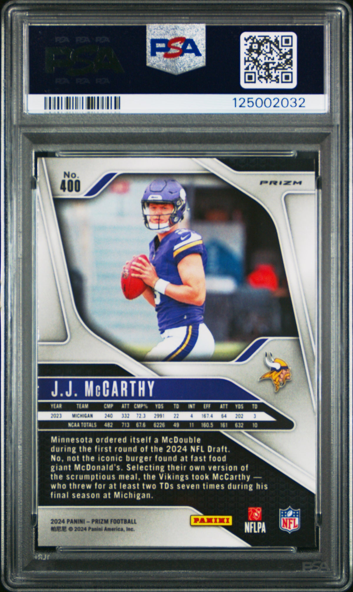 J.J. McCarthy Vikings 2024 Panini Prizm Silver Prizm Rookie Card #400 PSA 9