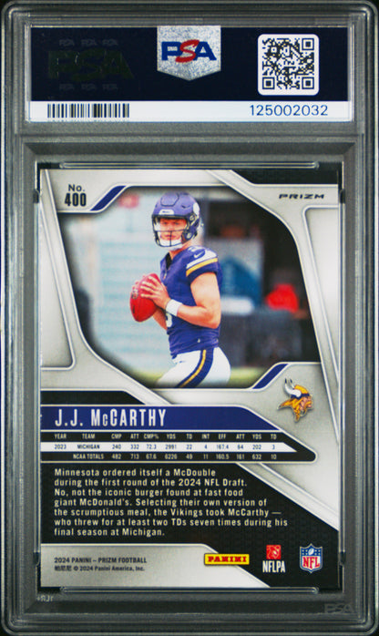 J.J. McCarthy Vikings 2024 Panini Prizm Silver Prizm Rookie Card #400 PSA 9