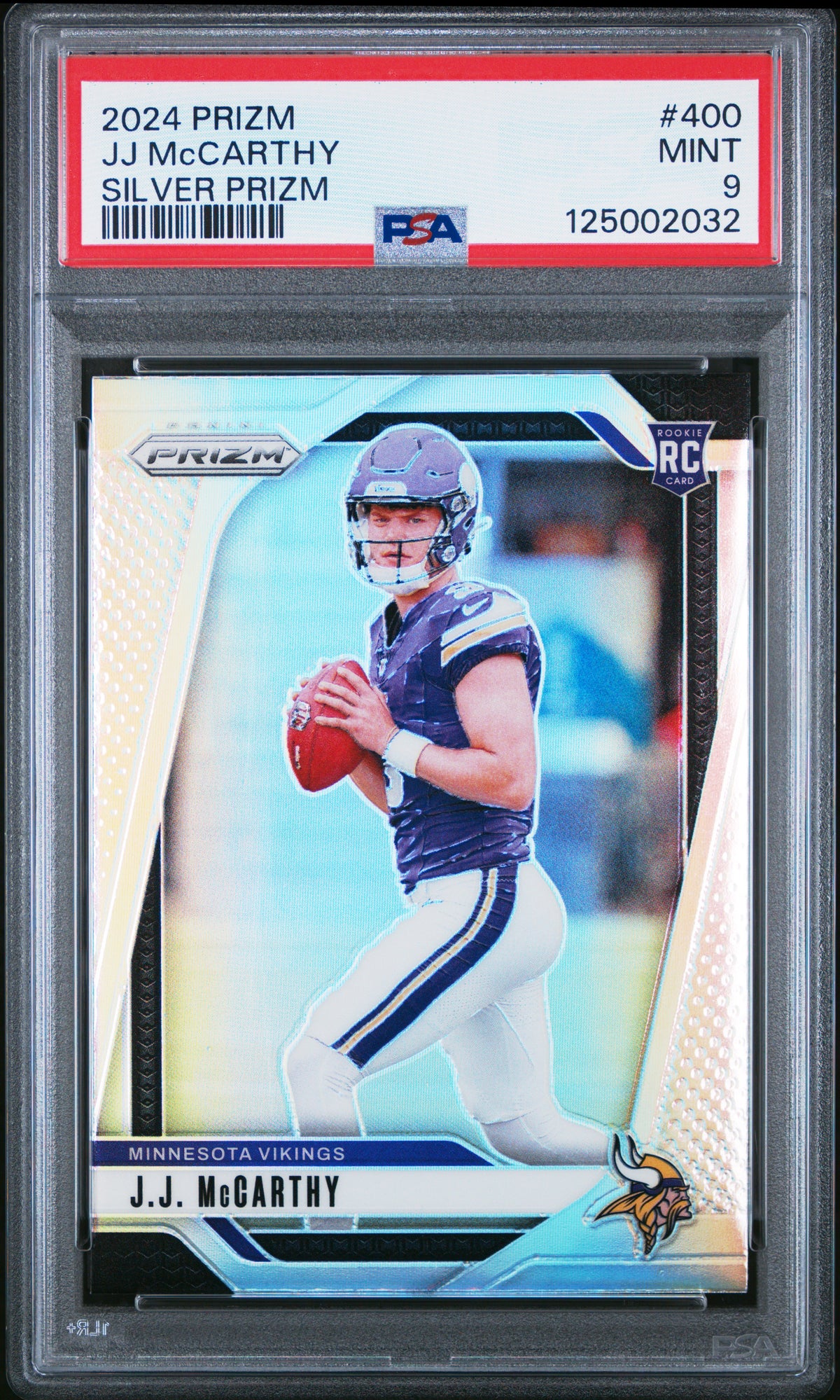 J.J. McCarthy Vikings 2024 Panini Prizm Silver Prizm Rookie Card #400 PSA 9