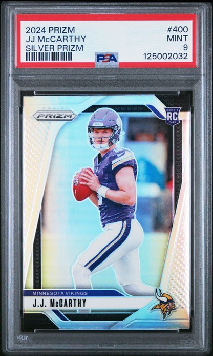 J.J. McCarthy Vikings 2024 Panini Prizm Silver Prizm Rookie Card #400 PSA 9