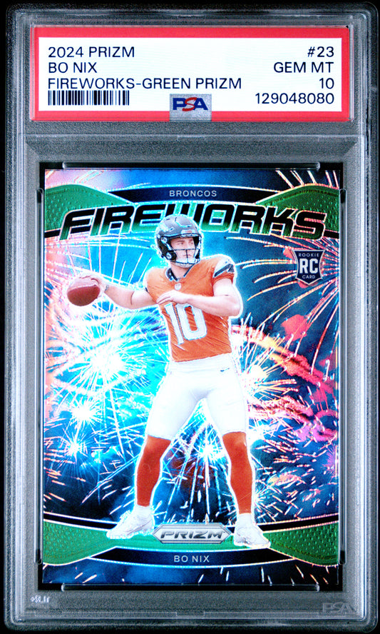Bo Nix Broncos 2024 Panini Prizm Green Prizm Fireworks Rookie Card #23 PSA 10