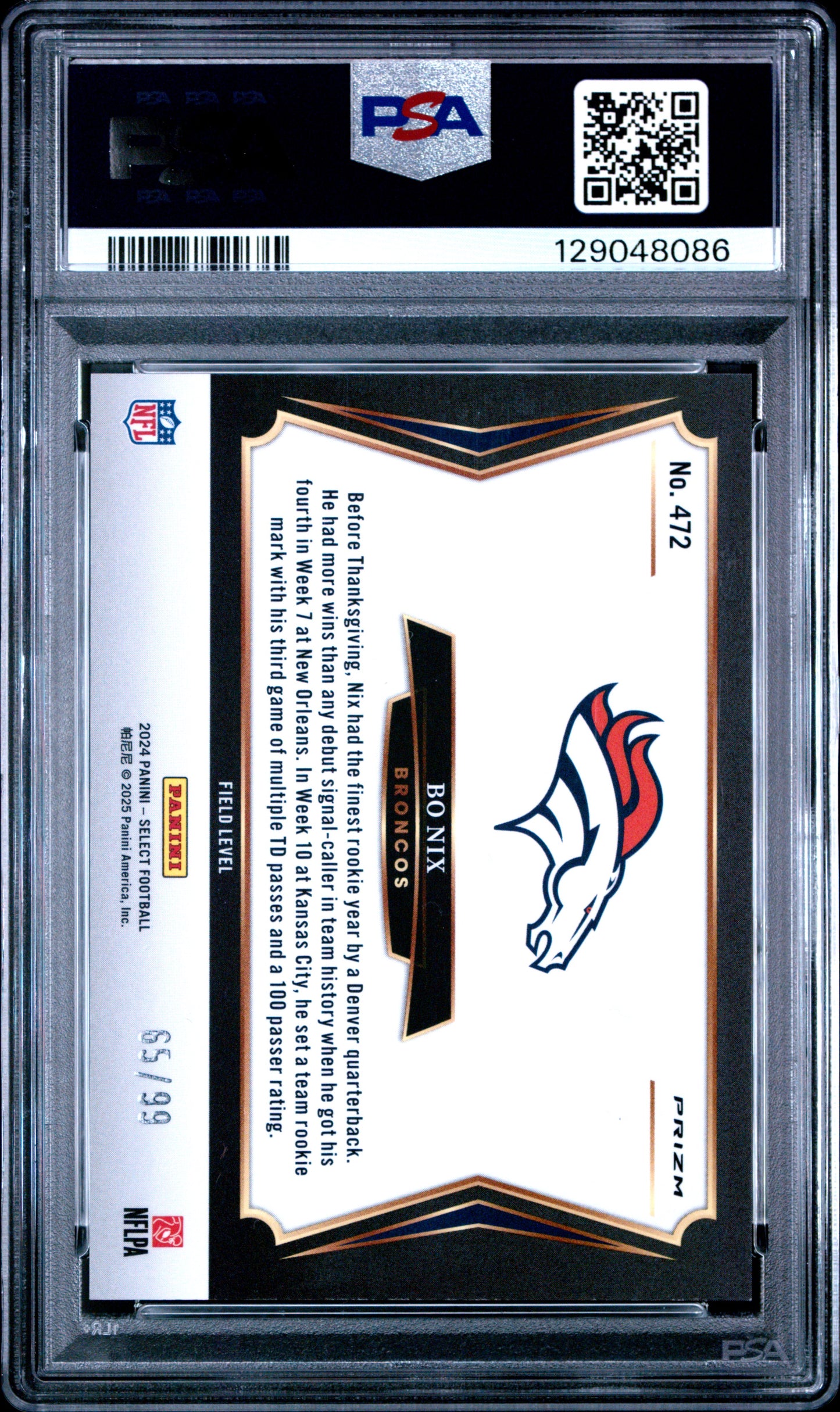 Bo Nix Broncos 2024 Select Tri-Color Prizm Rookie Card #472 /99 PSA 10 Gem Mint