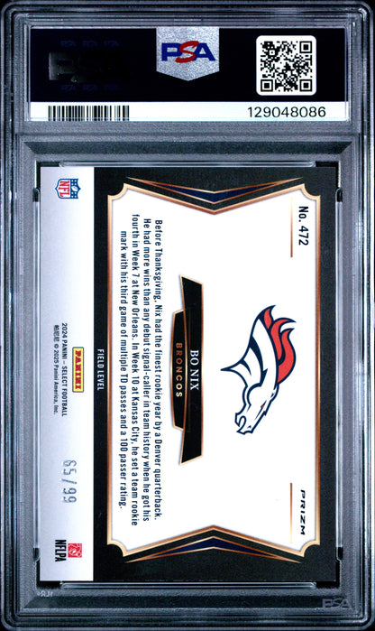 Bo Nix Broncos 2024 Select Tri-Color Prizm Rookie Card #472 /99 PSA 10 Gem Mint