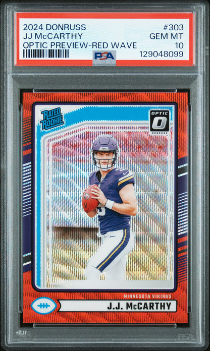 J.J. McCarthy 2024 Donruss Optic Preview Red Wave Rated Rookie Card #303 PSA 10