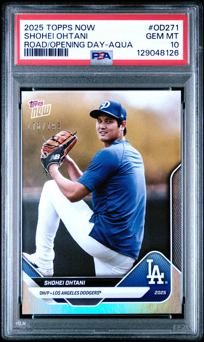 Shohei Ohtani Dodgers 2025 Topps Now Road to Opening Day Aqua Card /199 PSA 10