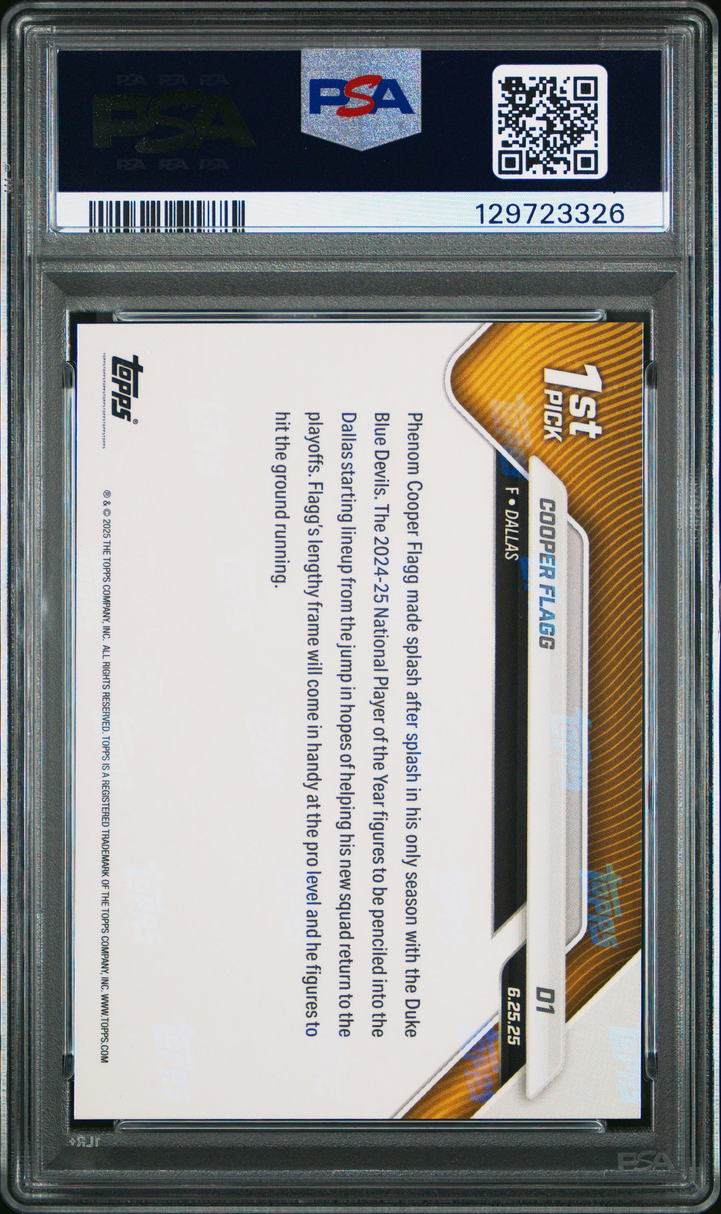 Cooper Flagg 2025 Topps Now Draft Day Rookie Trading Card #D1 PSA 10 Gem Mint