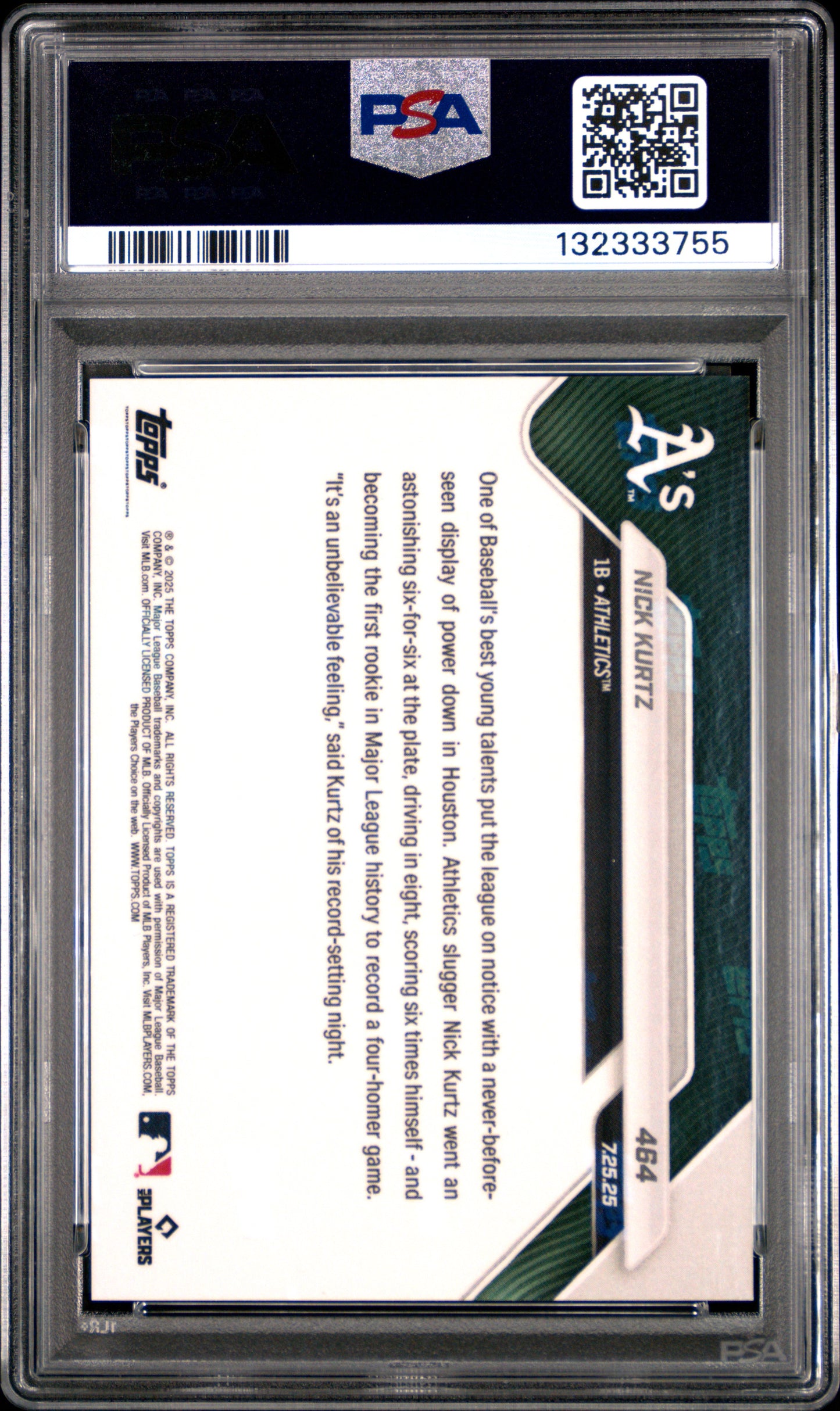 Nick Kurtz A's 2025 Topps Now Four Homer Game Rookie Card #464 PSA 10 Gem Mint
