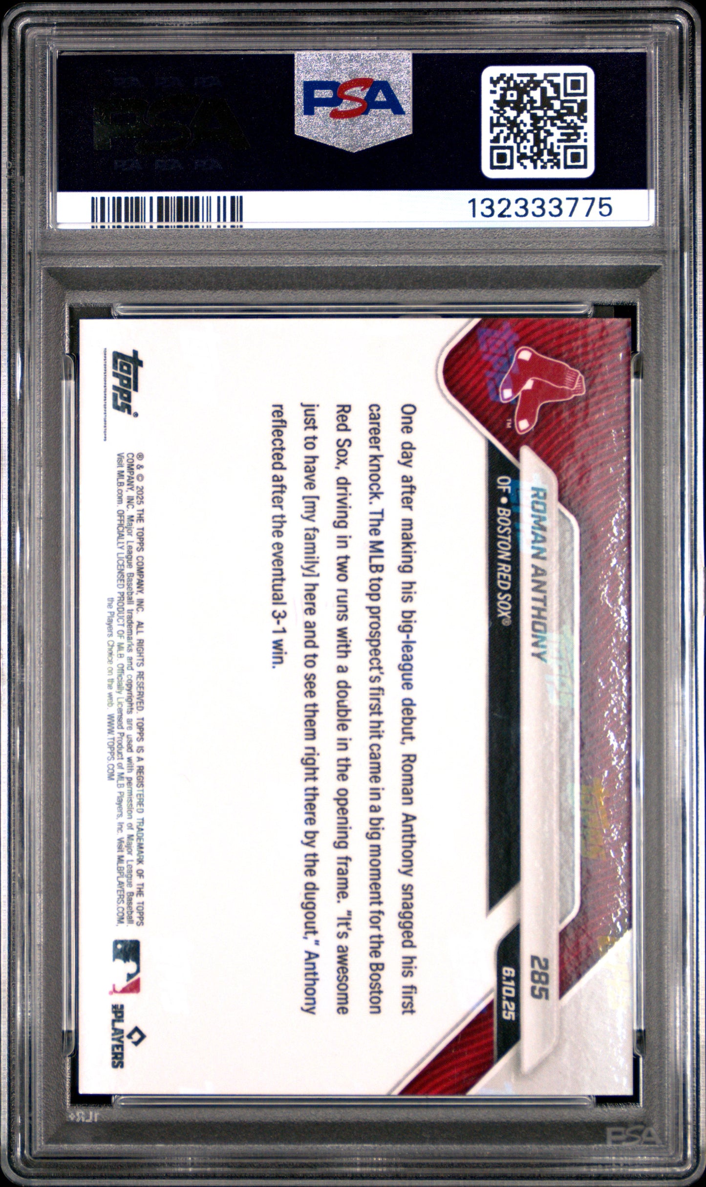 Roman Anthony Red Sox 2025 Topps Now 1st Hit Call Up Card #285 PSA 9 Mint