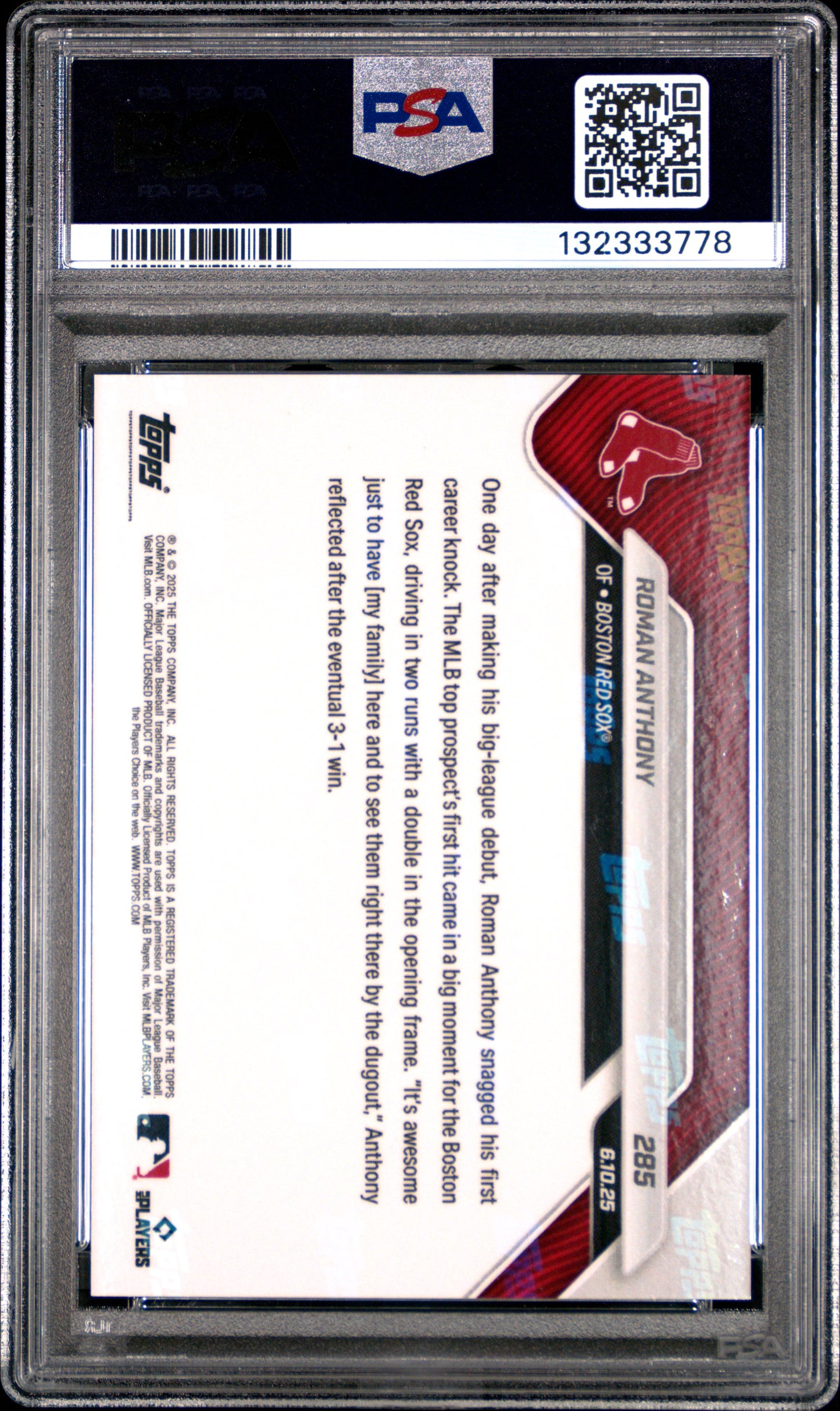 Roman Anthony Red Sox 2025 Topps Now 1st Hit Call Up Card #285 PSA 10