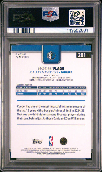 Cooper Flagg Mavericks 2025 Topps Basketball Rookie Card #201 PSA 9 Mint