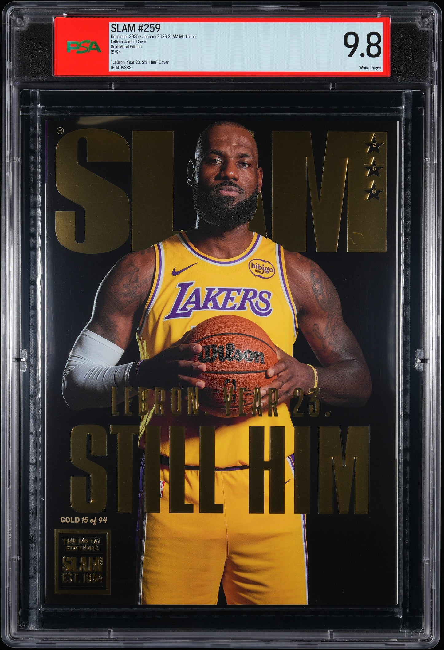 LeBron James Lakers Slam #259 Gold Metal Edition Graded Magazine #15/94 PSA 9.8