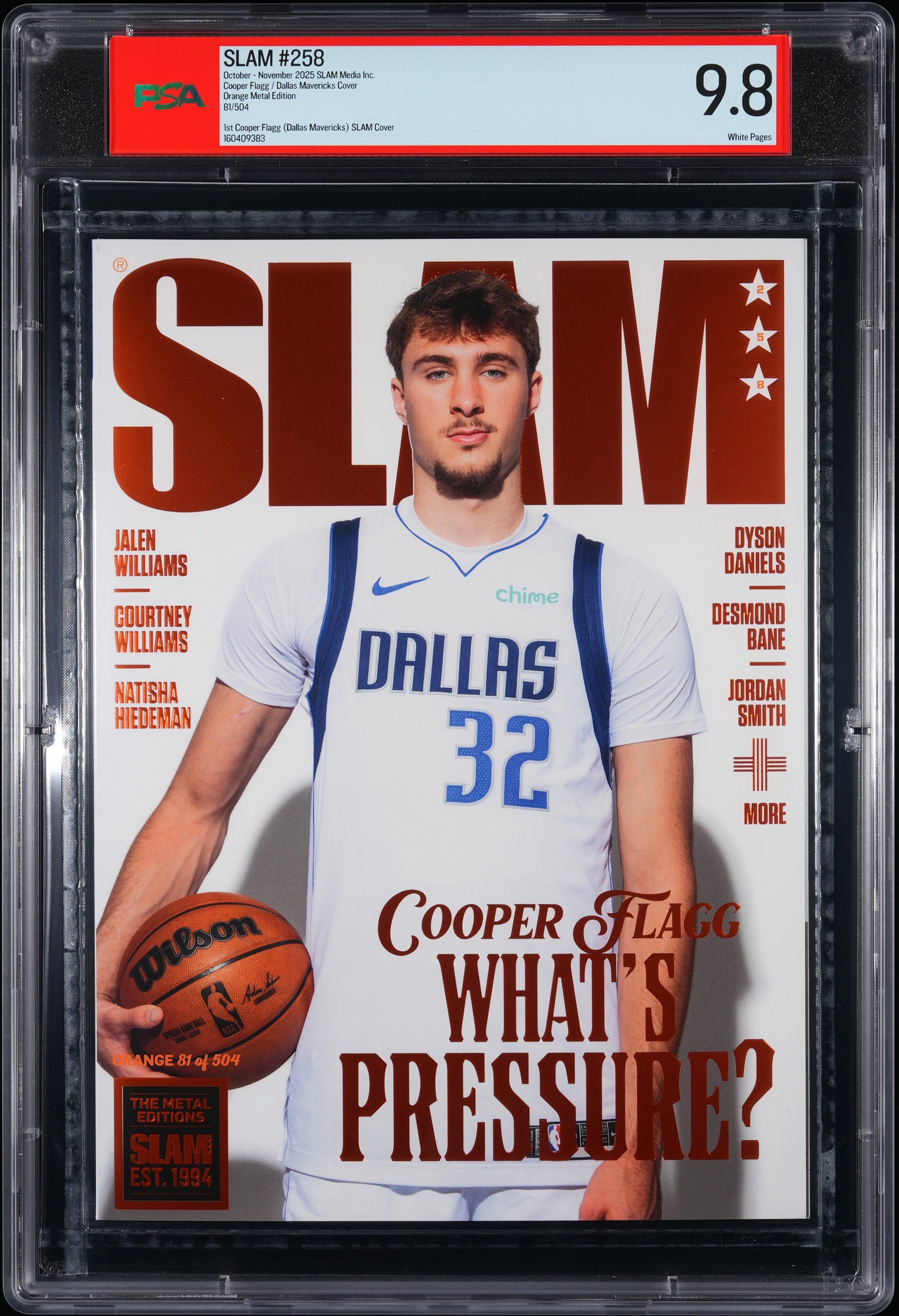 Cooper Flagg Mavs Slam #258 Orange Metal Edition Graded Magazine /504 PSA 9.8