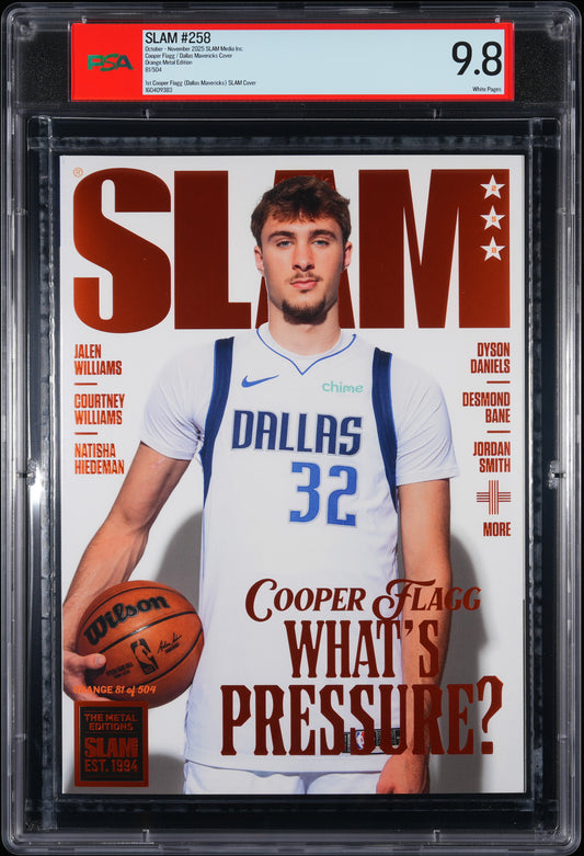 Cooper Flagg Mavs Slam #258 Orange Metal Edition Graded Magazine /504 PSA 9.8