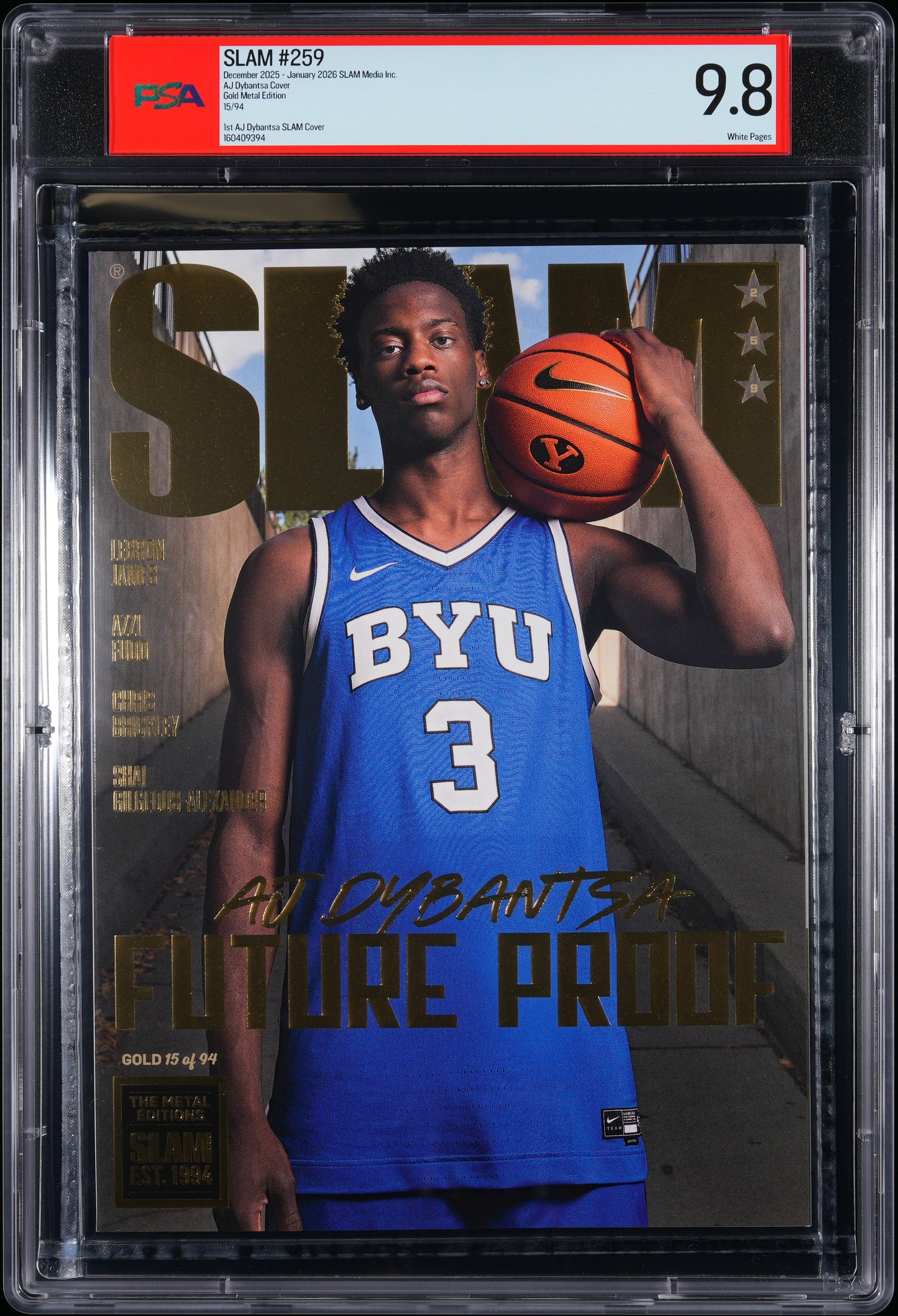 AJ Dybantsa BYU Slam #259 Gold Metal Edition Graded Magazine #15/94 PSA 9.8