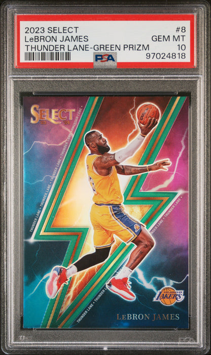 Lebron James Lakers 2023-24 Select Thunder Lane Green Prizm Card #8 PSA 10