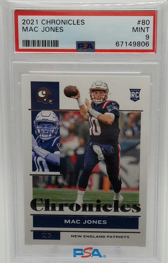 Mac Jones New England Patriots 2021 Panini Chronicles Rookie Card #80 PSA 9 Mint