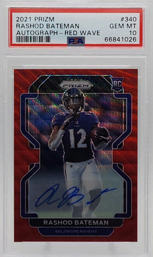 Rashod Bateman Ravens 2021 Prizm Red Wave Autographed Rookie Card /149 PSA 10