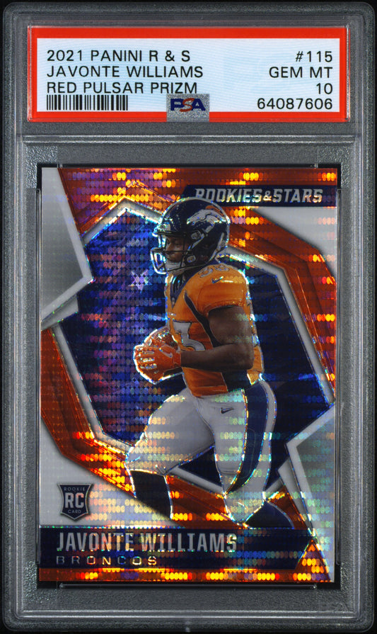 Javonte Williams 2021 Rookies & Stars Red Pulsar Prizm Rookie Card #115 PSA 10