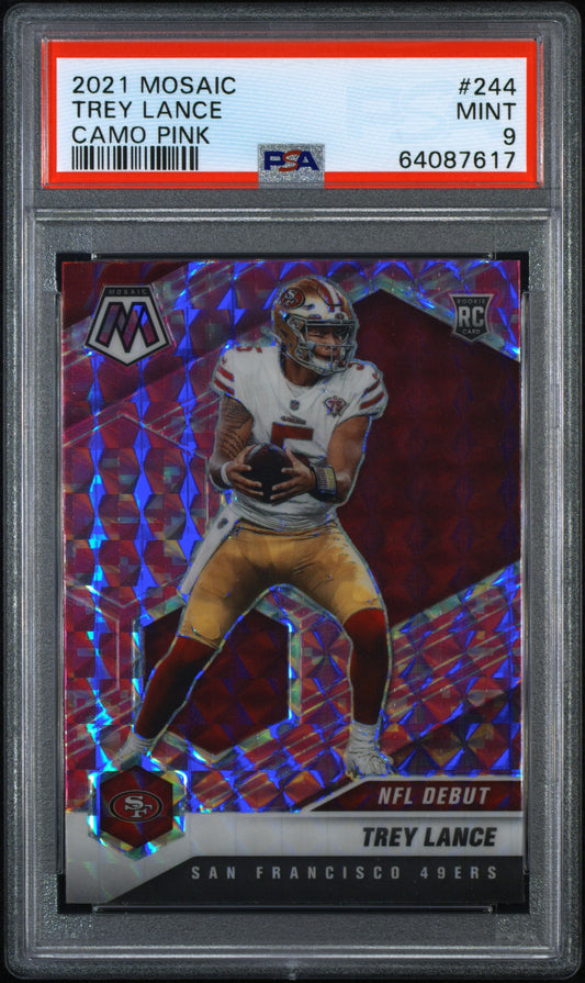 Trey Lance 2021 Mosaic NFL Debut Camo Pink Prizm RC Rookie Card #244 PSA 9 Mint