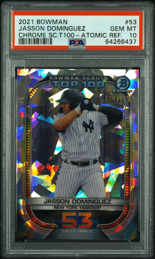 Jasson Dominguez 2021 Bowman Top 100 Atomic Refractor Card /150 PSA 10 Gem Mint