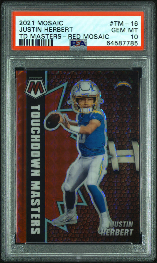 Justin Herbert 2021 Mosaic TD Masters Fanatics Red Prizm Card PSA 10 Gem Mint