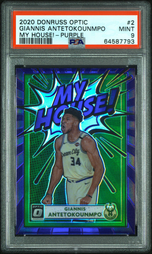 Giannis Antetokounmpo Bucks 2020 Donruss Optic My House! Purple Prizm Card PSA 9