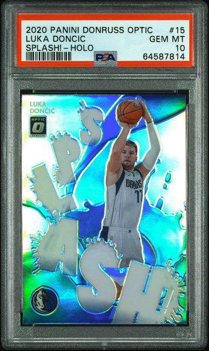 Luka Doncic Mavs 2020-21 Donruss Optic Splash! Holo Prizm Card PSA 10 Gem Mint