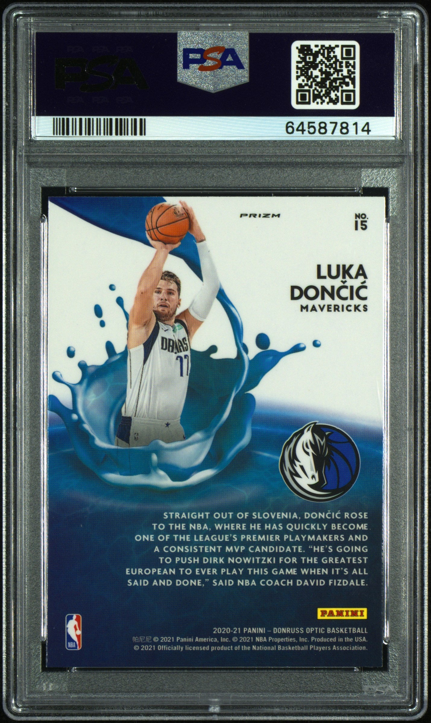 Luka Doncic Mavs 2020-21 Donruss Optic Splash! Holo Prizm Card PSA 10 Gem Mint