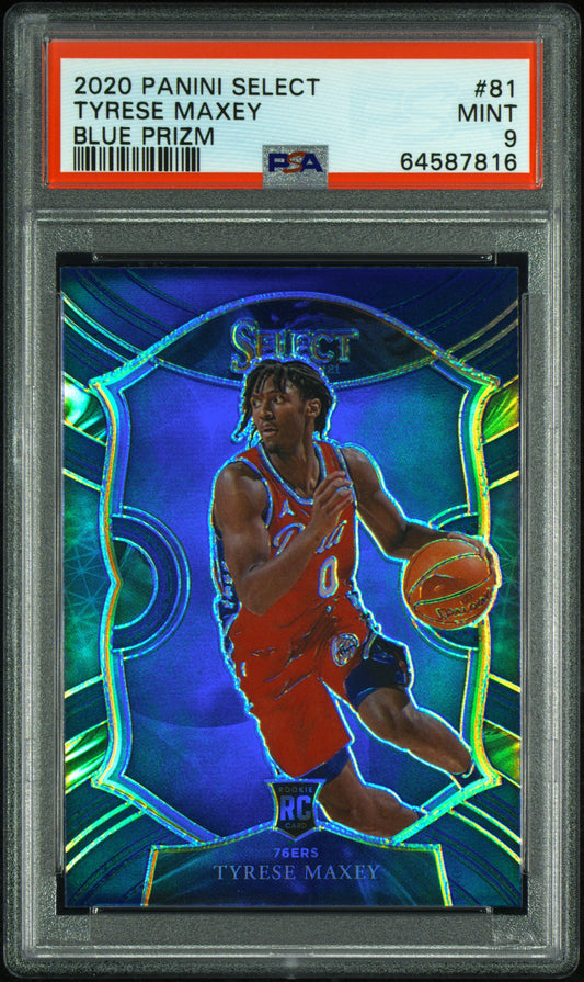 Tyrese Maxey 2020-21 Panini Select Concourse Rookie Blue Prizm Card #81 PSA 9