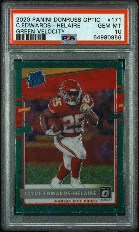 Clyde Edwards-Helaire 2020 Donruss Optic Green Velocity Rated Rookie Card PSA 10