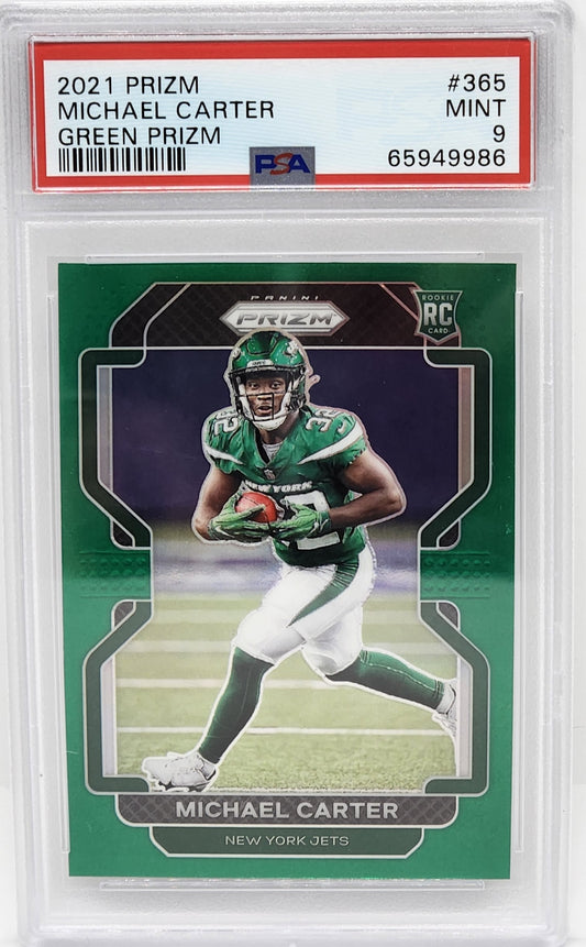 Michael Carter New York Jets 2021 Panini Prizm Green Rookie Card #365 PSA 9 Mint