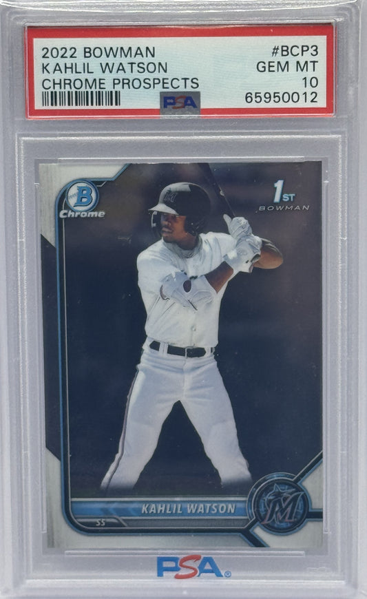 Kahlil Watson Marlins 2022 Bowman Chrome 1st Rookie Card #BCP-3 PSA 10 Gem Mint