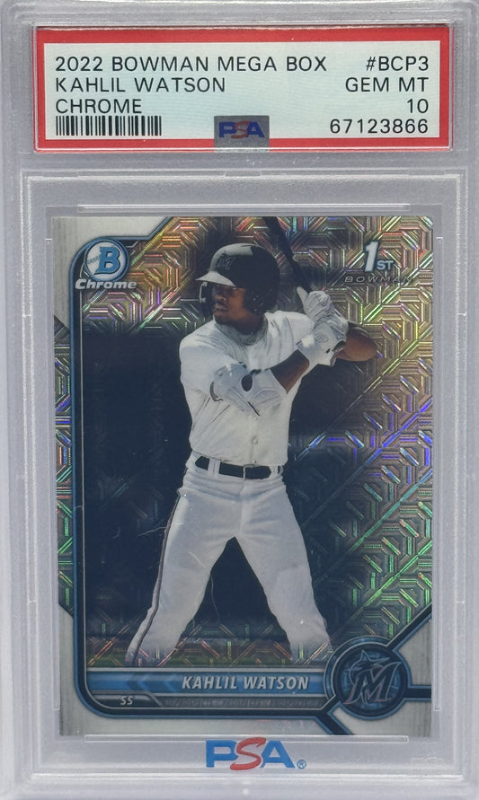 Kahlil Watson Marlins 2022 Bowman Chrome Mojo 1st Rookie Card #BCP-3 PSA 10