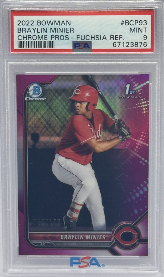 Braylin Minier Reds 2022 Bowman 1st Fuchsia Refractor Rookie Card /199 PSA 9
