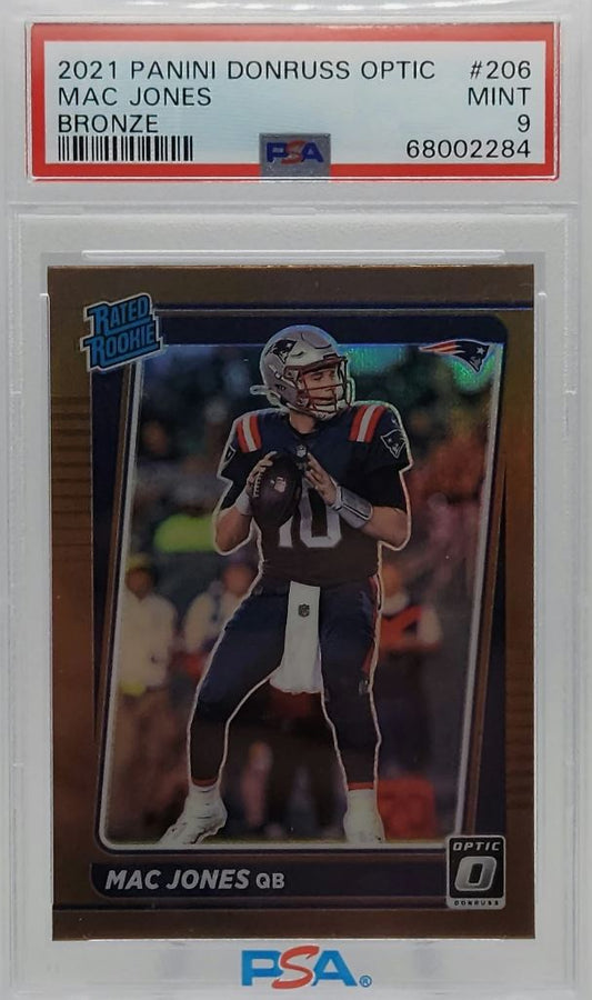 Mac Jones Patriots 2021 Donruss Optic Bronze Prizm Rookie Card #206 PSA 9 Mint