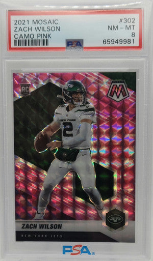 Zach Wilson Jets 2021 Panini Mosaic Camo Pink Prizm Rookie Card #302 PSA 8