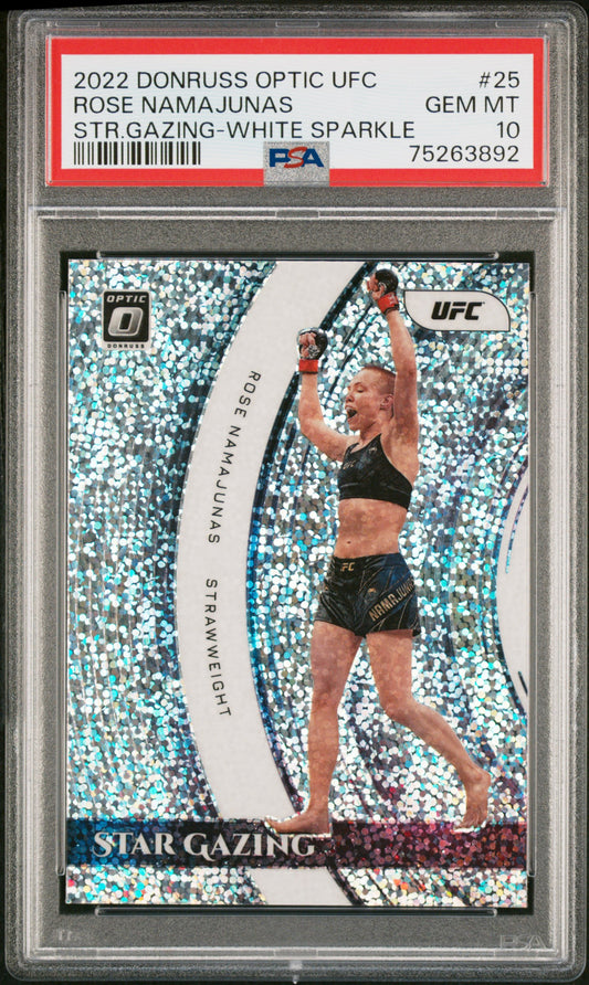 Rose Namajunas UFC 2022 Donruss Optic Star Gazing White Sparkle Card #25 PSA 10