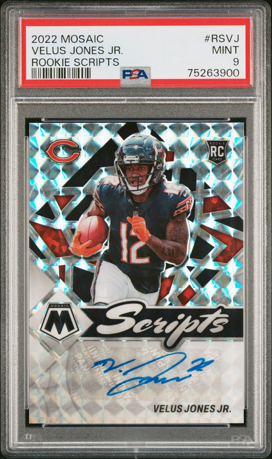 Velus Jones Jr. Bears 2022 Mosaic Rookie Scripts Autograph Card #RS-VJ PSA 9