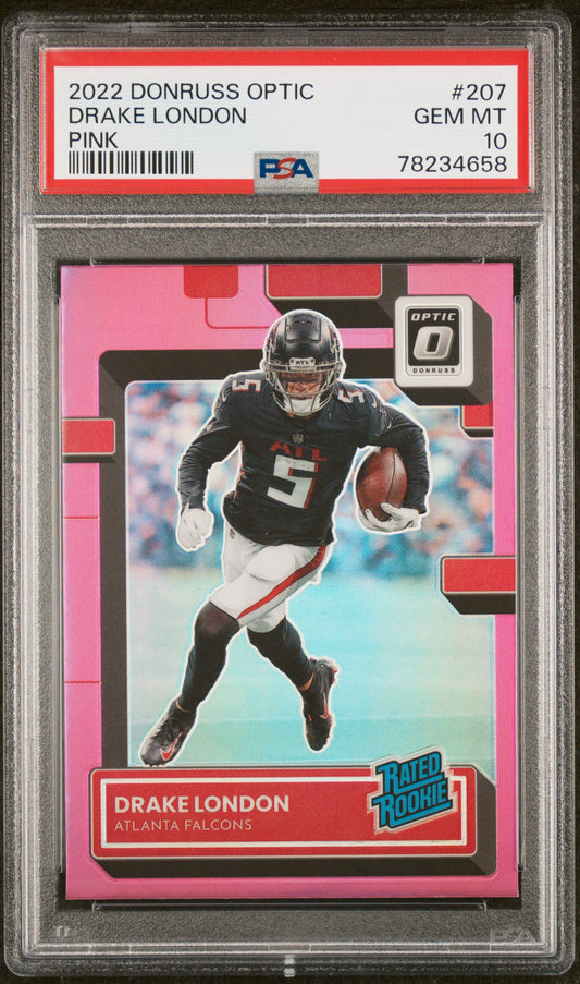 Drake London Falcons 2022 Donruss Optic Pink Prizm Rated Rookie Card #207 PSA 10