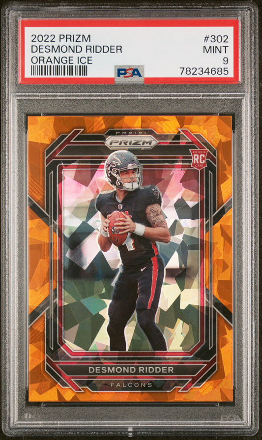 Desmond Ridder Falcons 2022 Panini Prizm Orange Ice Prizm Rookie Card #302 PSA 9