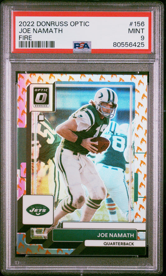 Joe Namath Jets 2022 Donruss Optic Fire Emoji Short Print Card #156 PSA 9 Mint