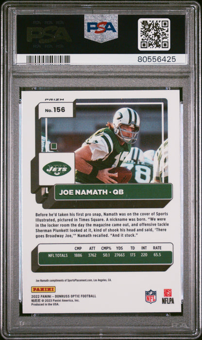 Joe Namath Jets 2022 Donruss Optic Fire Emoji Short Print Card #156 PSA 9 Mint