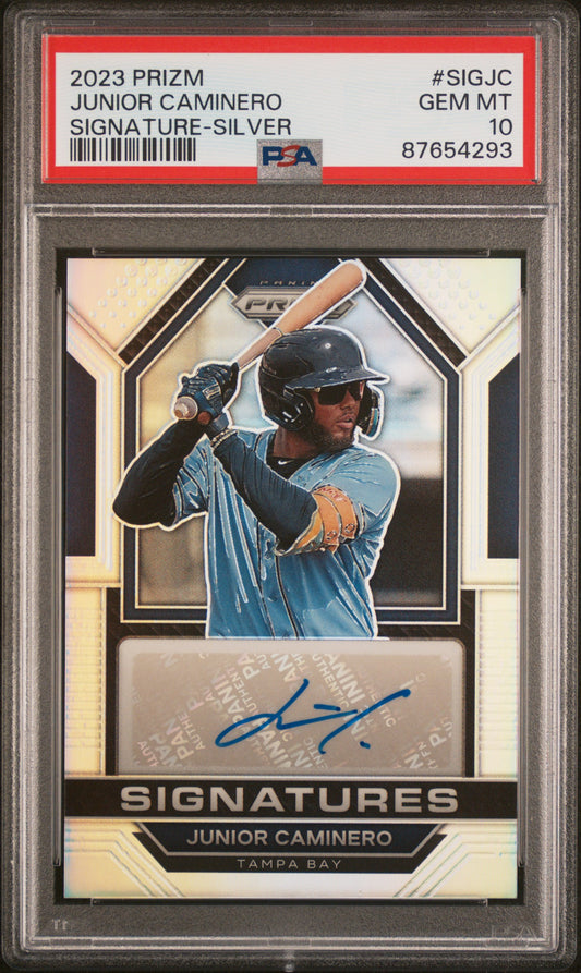 Junior Caminero Tampa Bay 2023 Panini Prizm Silver Signature Card SIG-JC PSA 10