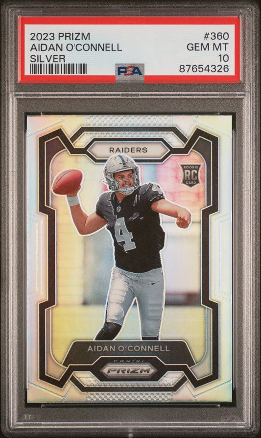 Aidan O'Connell Raiders 2023 Panini Prizm Silver Rookie Card #360 PSA 10