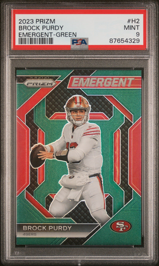 Brock Purdy 49ers 2023 Panini Prizm Emergent Green Prizm Card #H-2 PSA 9 Mint