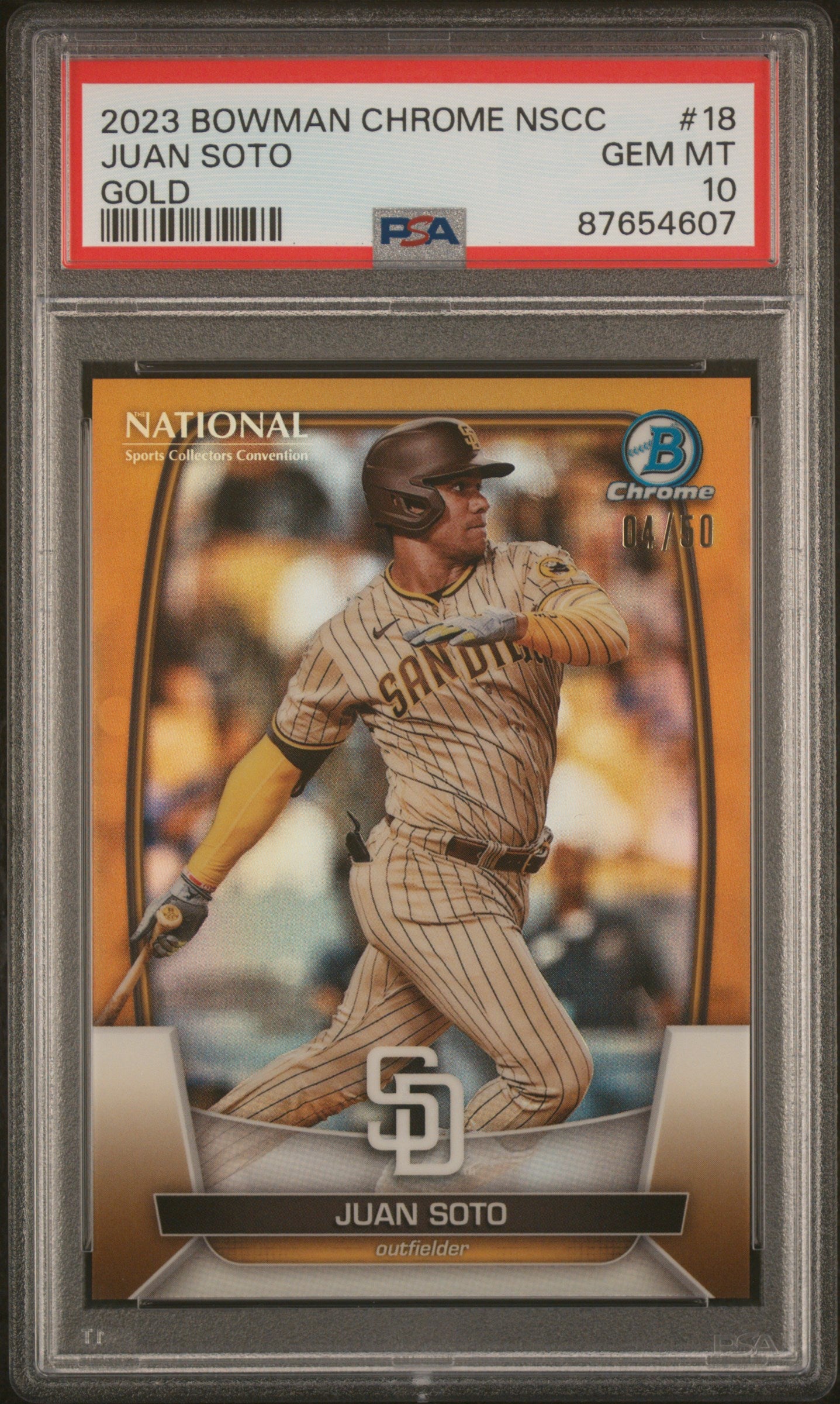 Juan Soto Padres 2023 Bowman Chrome Gold National NSCC Card /50 PSA 10 Gem Mint