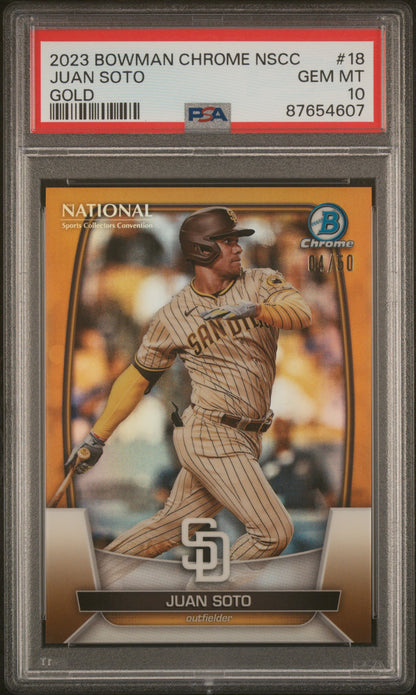 Juan Soto Padres 2023 Bowman Chrome Gold National NSCC Card /50 PSA 10 Gem Mint